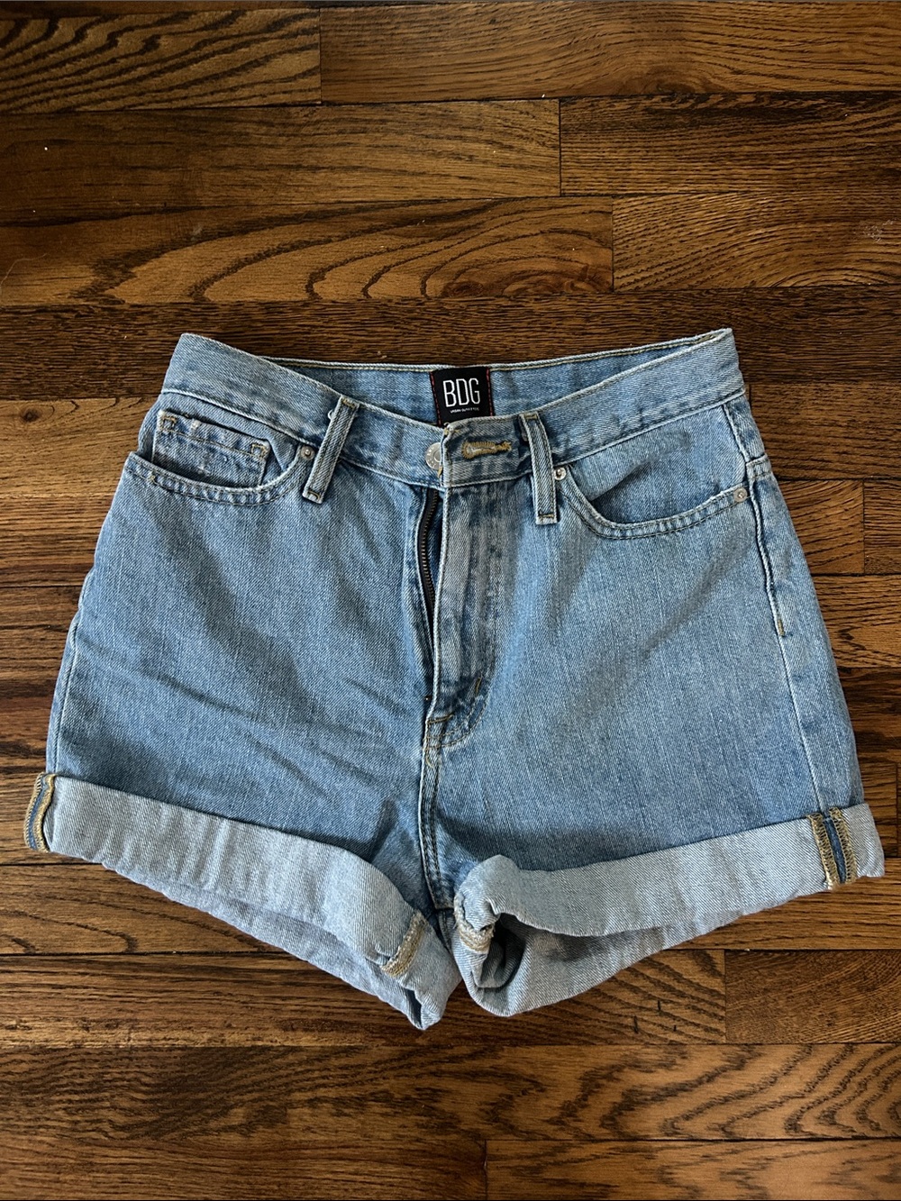BDG Light Blue Mom High-Rise Cuffed Denim Shorts